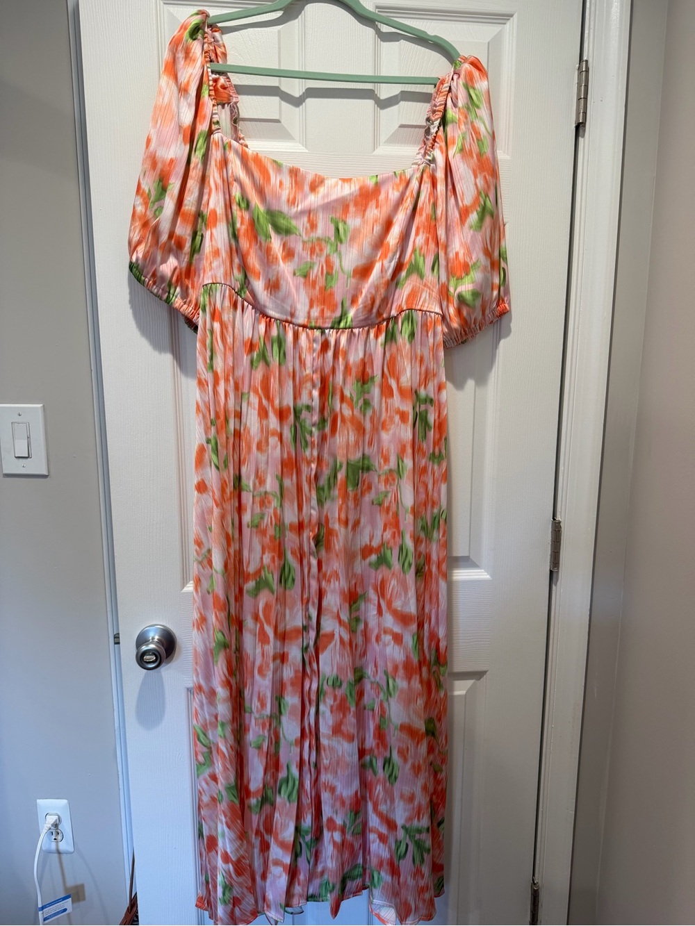 Eloquii Orange, Pink & Green Abstract Floral Puff Sleeve Square Next Maxi Dress